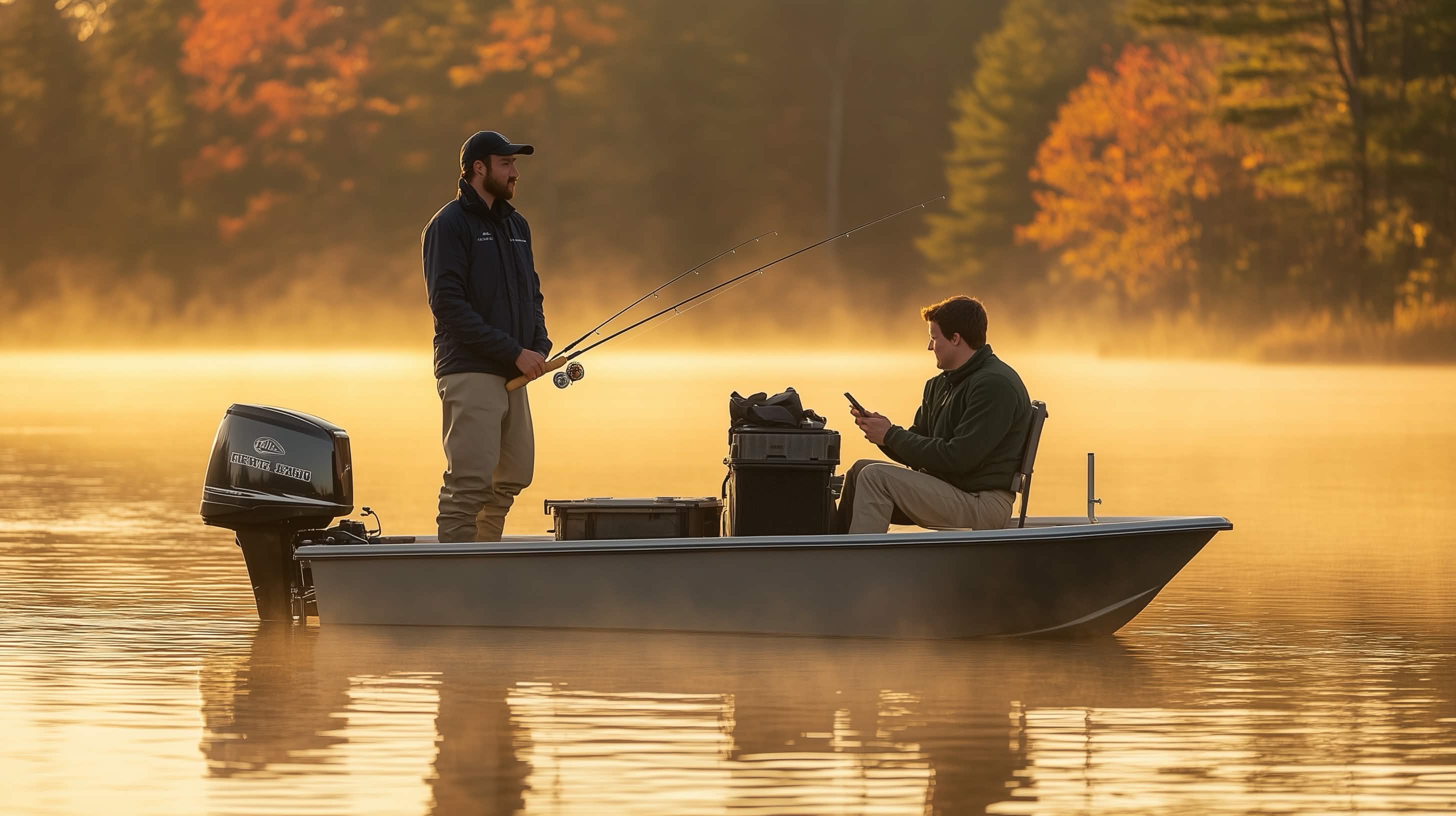 Two anglers fishing at dawn